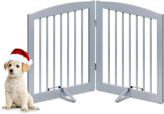 Freestanding Pet Gate for Dogs, Foldable Wooden Dog Gate for House, Indoor Pet Barrier for Stairs, Doorways, Support Feet Included, 24" Height 2 Panels, Grey