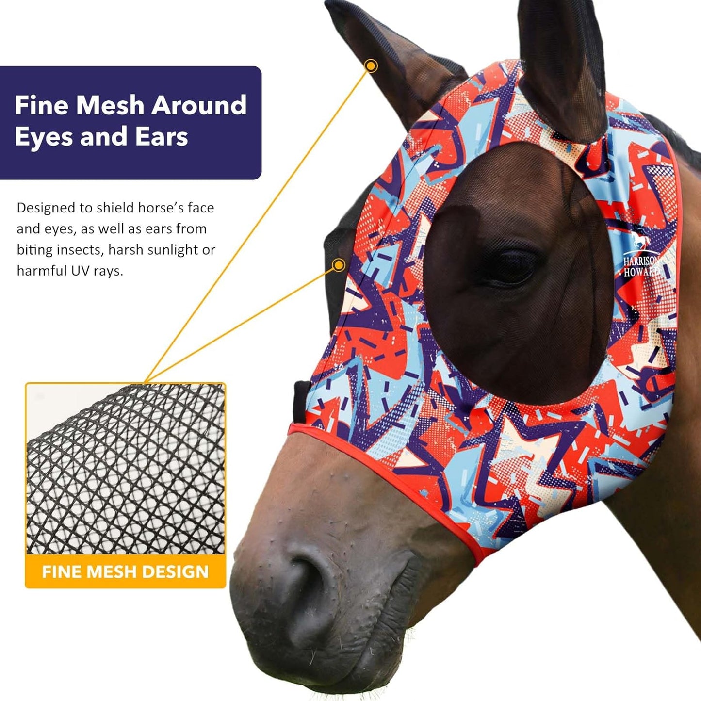 Harrison Howard Super Comfort Stretchy Fly Mask Large Eye Space with UV Protection Soft on Skin with Breathability Orange Geo Print S