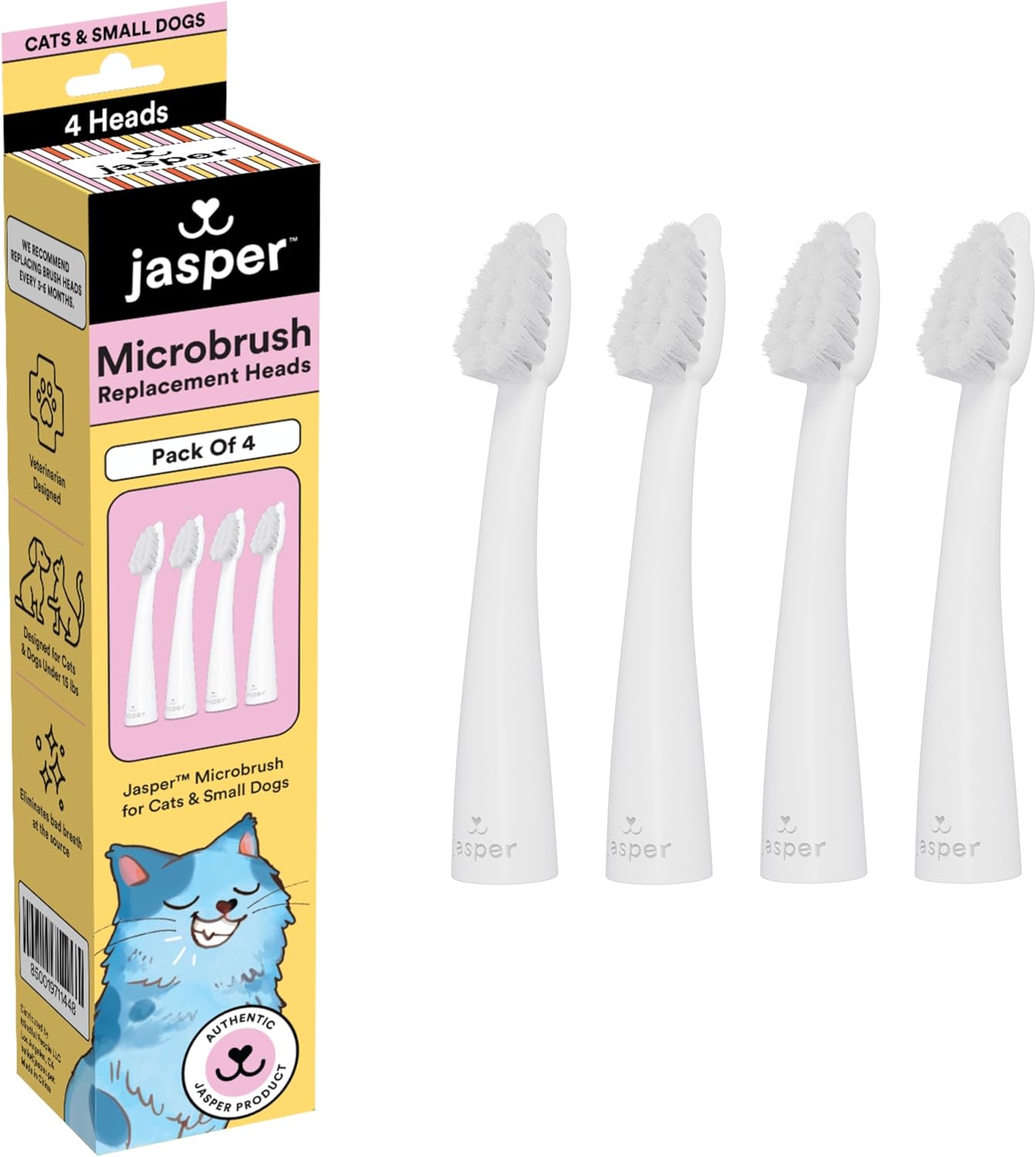 Jasper Microbrush Cat Toothbrush, Soft-Bristled Toothbrush Kit for Felines & Small Dogs, Non-Slip Handle with 2 Replaceable Brush Heads, Use with Cat Toothpaste (Microbrush, Brush Heads Only)