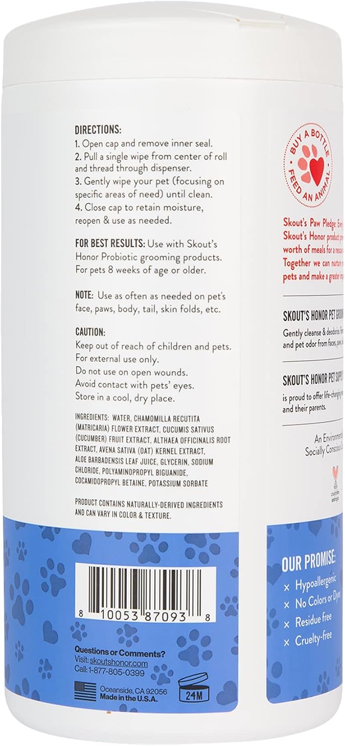 SKOUT'S HONOR Pet Grooming Wipes for Dogs and Cats - Deodorizing, Plant-Based, Biodegradable, Fragrance-Free - for Paws, Faces, Skin Folds & Bums, 80 Count, 2-Pack