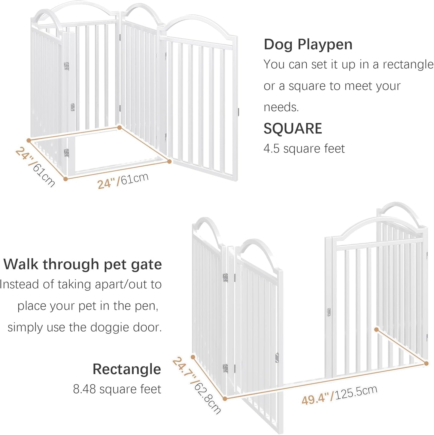 BHG Metal No-Assembly Freestanding Dog Gate with Door Walk Through, Extra Wide 96", Extra Tall 32" Pet Gate, Accordion Puppy Folding Playpen Dog Fence for Indoor & Outdoor, with 2PCS Support - White