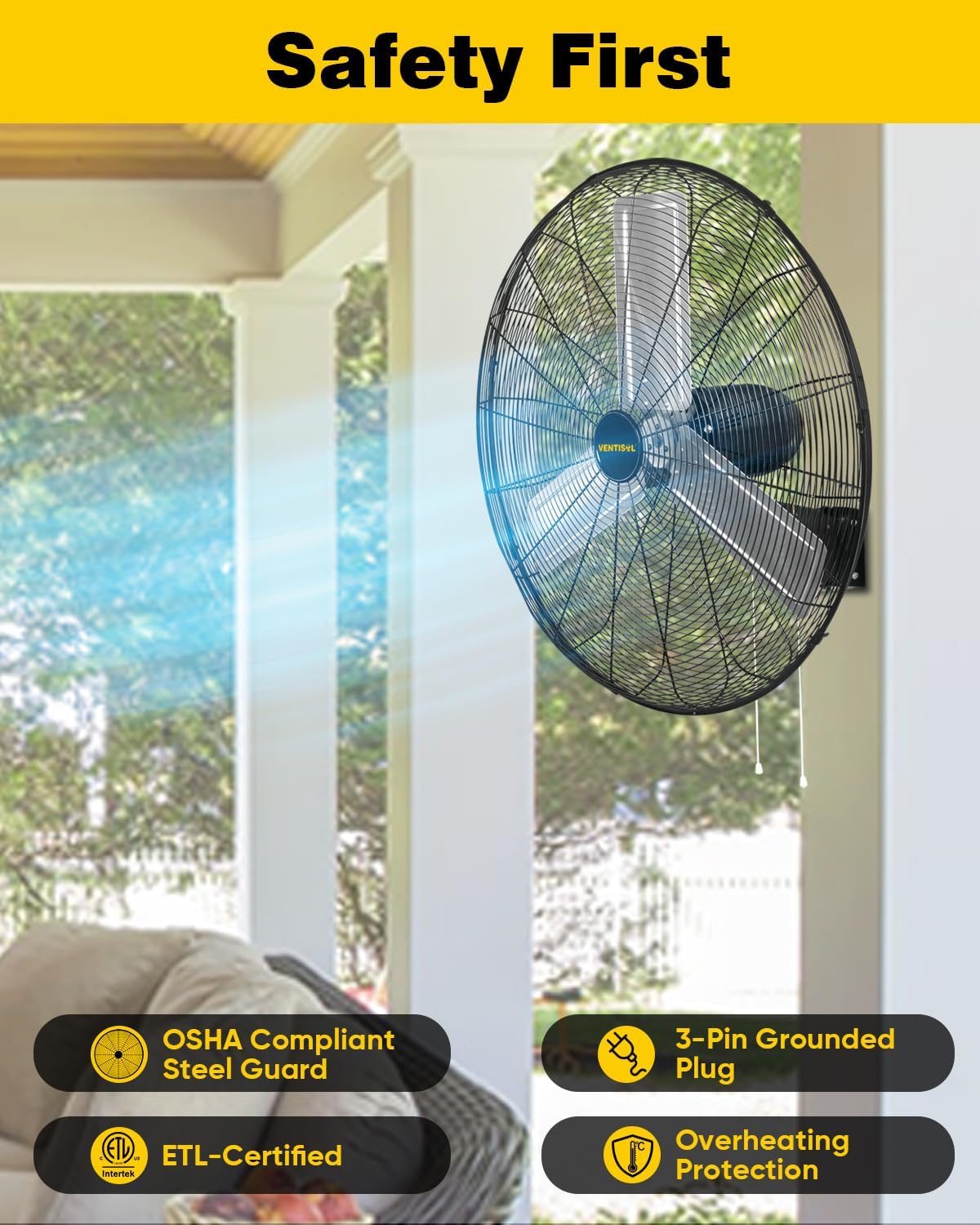 VENTISOL 30 Inch Wall Mount Fan Oscillating, 9500 CFM High Velocity Industrial Fans with 3 Speeds for Garage, Shop, Warehouse, Workshops, Cover Patio, ETL Listed