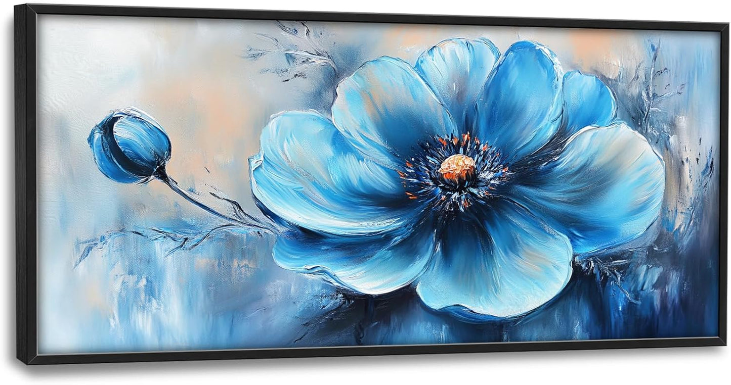 Extra Large Abstract Blue Flower Framed Wall Art for Living Room,Oversized Elegant Floral Pictures Wall Decor,Canvas Print Painting Modern Artwork Bedroom Office Bathroom 60L" x 30W"