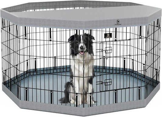 PJYuCien Dog Playpen, 8 Panels 30”H Dog Playpen Indoor with Grey Bottom Pad and Top Cover, Metal Foldable Dog Pen for Indoor Use, Better for Small Medium Animals, Grey