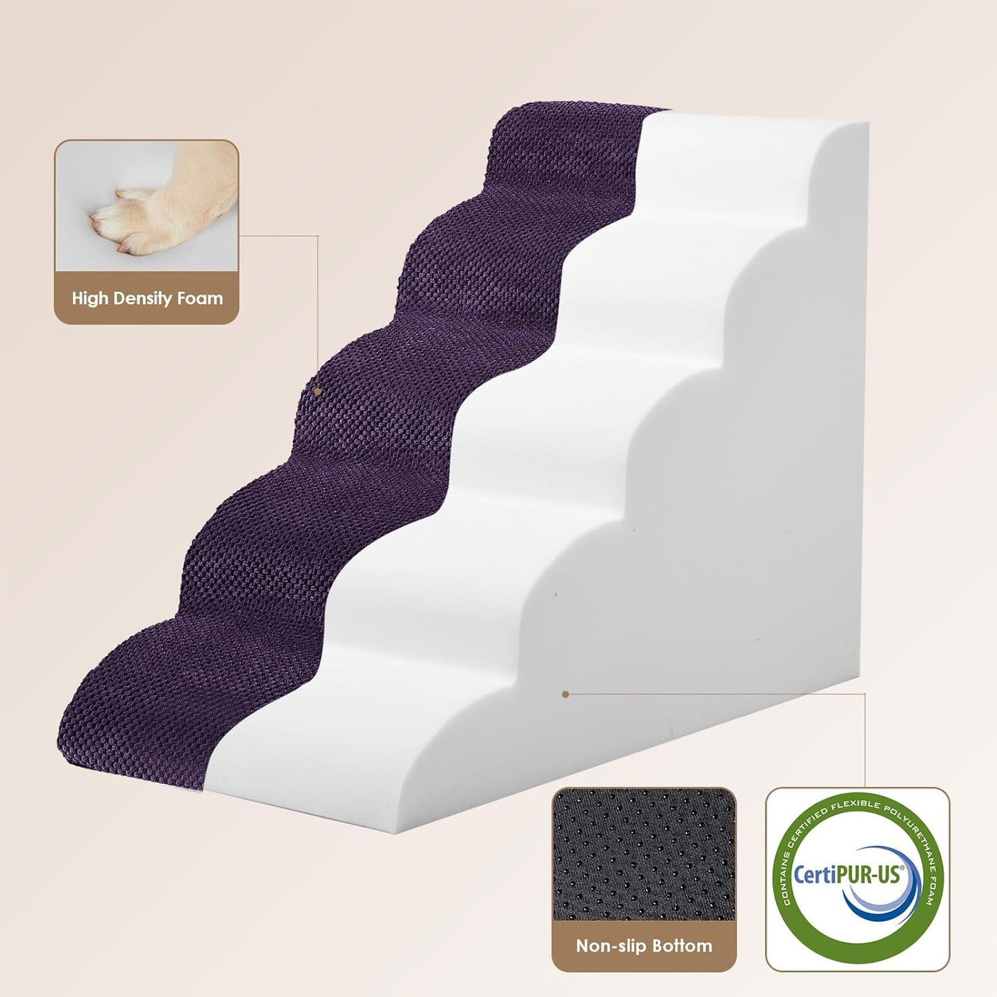 EHEYCIGA Curved Dog Stairs Ramp for High Beds 22.6" H, 5-Step Dog Steps for Small Dogs and Cats, Pet Stairs for High Bed Climbing, Non-Slip Balanced Pet Step Indoor, Purple
