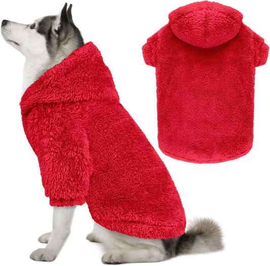 Fuzzy Dog Sweaters for Large Dogs Dog Hoodie Soft Double-Sided Plush Fleece Pet Sweater Clothes Coats Pet Hoodie Sherpa Hooded Sweatshirt(Red-XL)