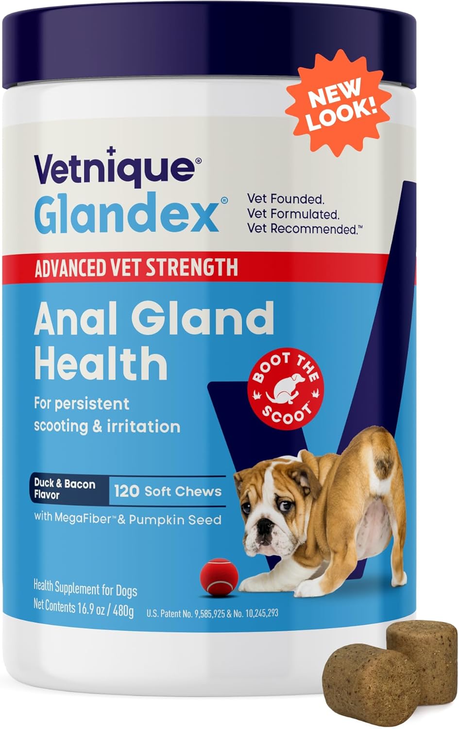 Vetnique Glandex Anal Gland Soft Chew Treats with Pumpkin for Dogs Digestive Enzymes, Probiotics Fiber Supplement for Dogs Boot The Scoot (Advanced Strength Duck/Bacon Chews (Vegetarian), 120 Ct)