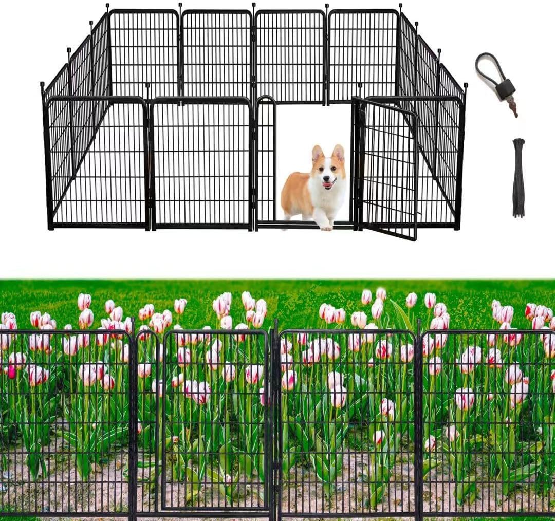 Tall Garden Fence, 52in(H) 10 Panels Total 22.1 Ft(L), Garden Fences and Borders for Dogs, Gate 21 inches Wide with Low Sills. Garden Animal Barrier, Flower Bed Fencing, Black Fencing for Dogs