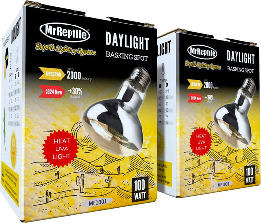 MRREPTILE Reptile Heat Lamp Bulbs, 2-Pack 100W Daylight Basking Bulbs, Reptile Basking Lamps, Bearded Dragon Basking Light, Simulated Natural Basking for Reptiles Snakes Lizards Tortoise Heater