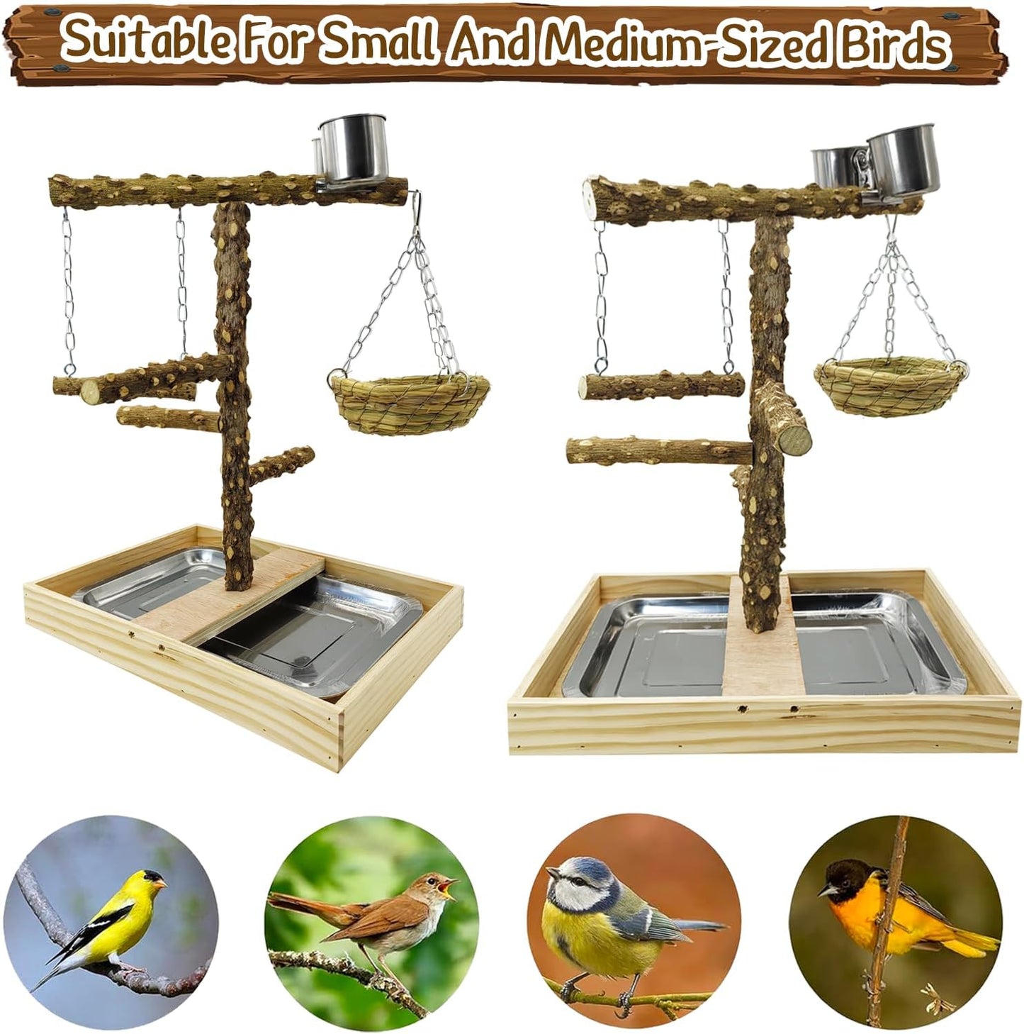 Tfwadmx Bird Perch Natural Wood Stand Toy Parrot Play Stand Platform and Hanging Bird Nests Bird Cage with Removable Tray and 2 Stainless Steel Cups for Parakeets Canaries Cockatiels Conure Lovebirds