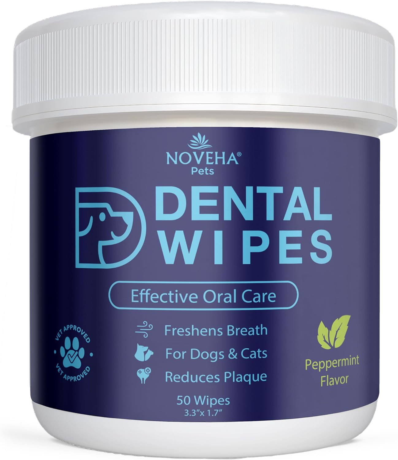 NOVEHA Pets Dental Finger Wipes for Dogs & Cats | Freshens Breath, Reduces Plaque | Healthier Gums | Clean Teeth No Toothbrush | Vet Recommended Effective Natural Oral Care (50 pcs, Mint)