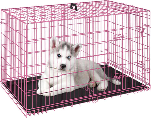 FDW Dog Crate for Small Dogs 24 Inch Folding Metal WirePet Cage Double Door W/Divider Panel Indoor Outdoor Kennel Leak-Proof Plastic Tray,Pink