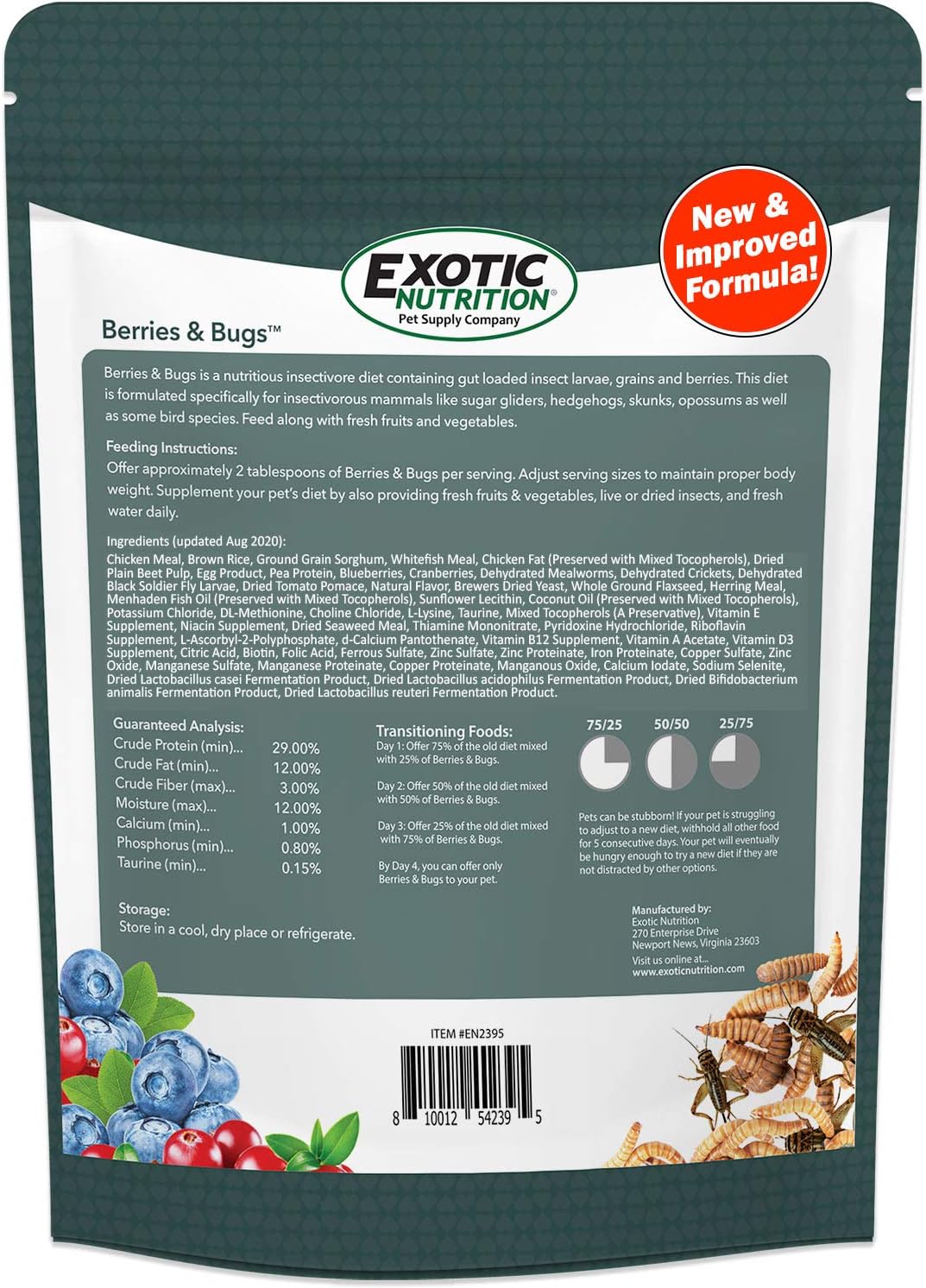 Berries & Bugs 3 lb. - All Natural High Protein High Fiber Insectivore Diet with Fruit, Gut-Loaded Insects, & Healthy Vitamins - Hedgehogs, Sugar Gliders, Skunks, Opossums & Other Insectivores