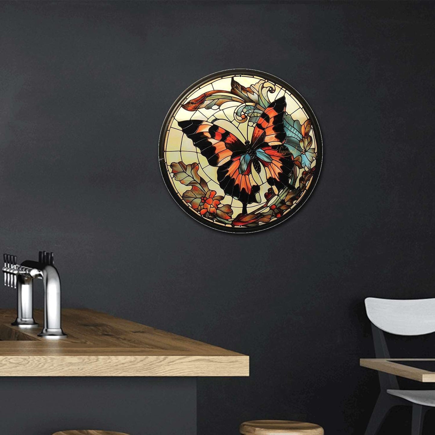 Lygond Metal Sign Tin Sign Circular Stained Glass Butterfly Decor Outdoor for Restaurant 8×8 Inches