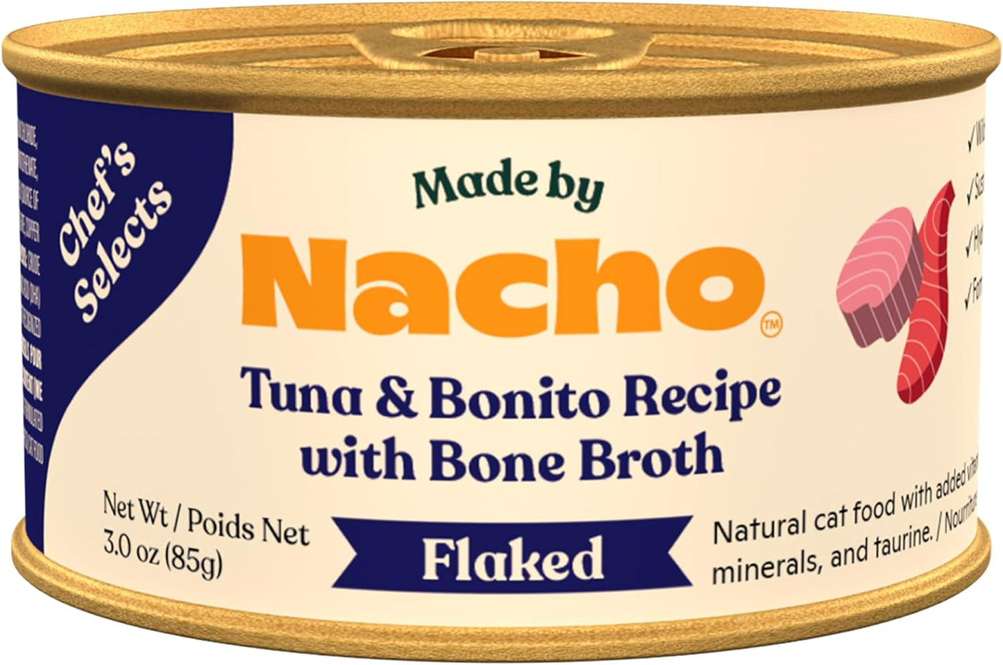 Made by Nacho Flaked Filets Recipe in Bone Broth, Grain-Free Chef's Selects Wet Food for Cats Balanced Diet in Naturally Hydrating Pumpkin-Infused Broth (3.0 oz (Pack of 12), Tuna & Bonito)