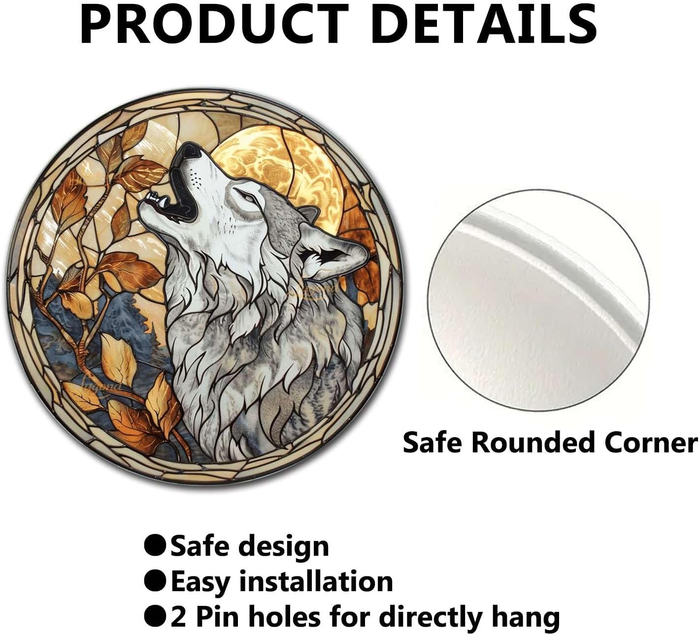 Lygond Metal Sign Tin Sign Circular Stained Glass Gray Wolf Bathroom Signs for Home for Club 12×12 Inches