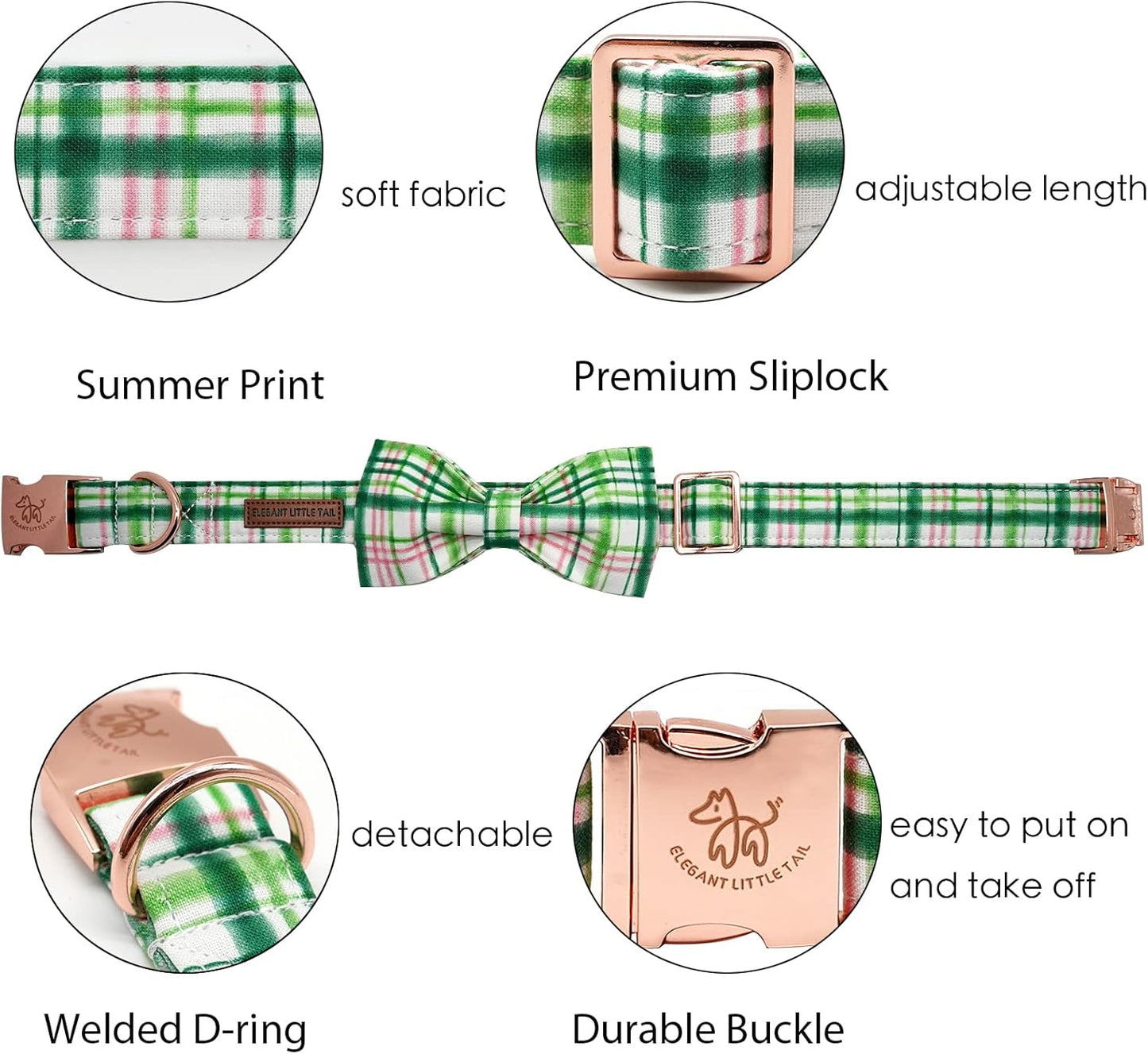 Elegant little tail Dog Collar with Bow - Pink with Green Plaid Boy or Girl Dog Collar Cute Bowtie Pet Collar Adjustable Dog Collar for Small Puppy