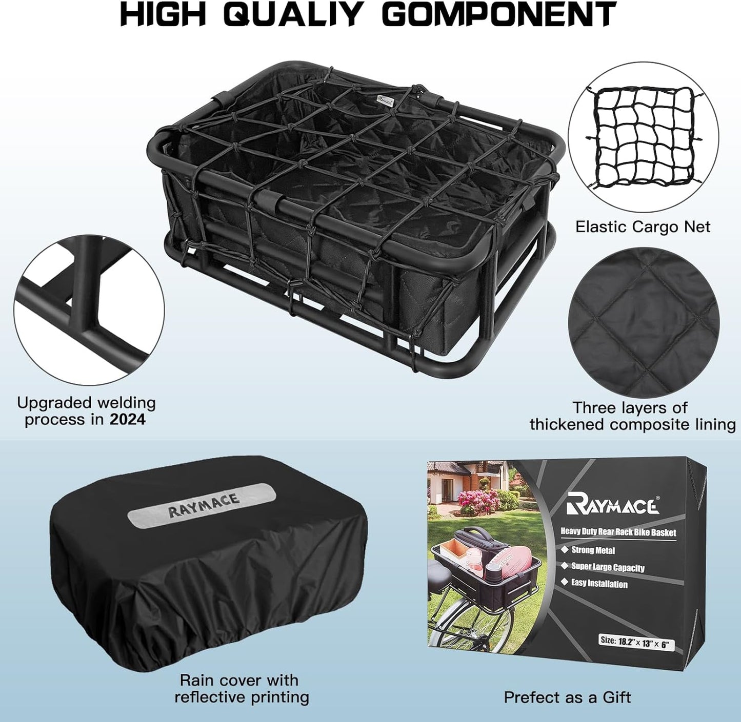 RAYMACE Rear Rack Bike Basket with Cargo Net and Liner Large Bicycle Basket Perfect Mount for Electric Bike