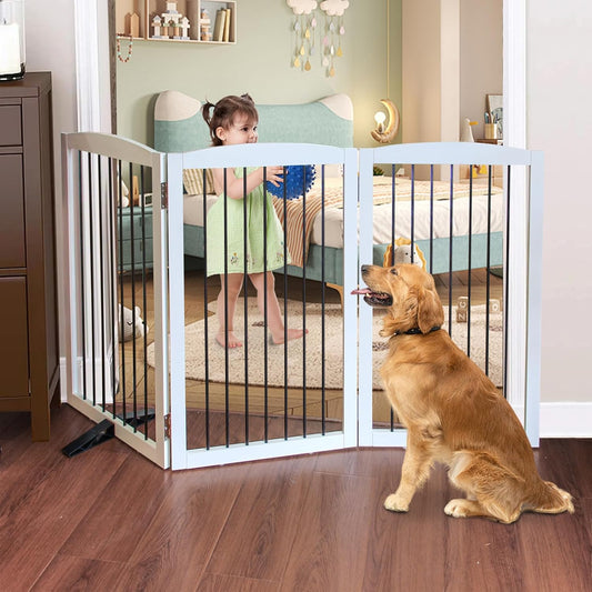 Foldable Wooden Freestanding Dog Gate - 32" H, 3 Panels, Stairs/Doorways, Support Feet Included, White