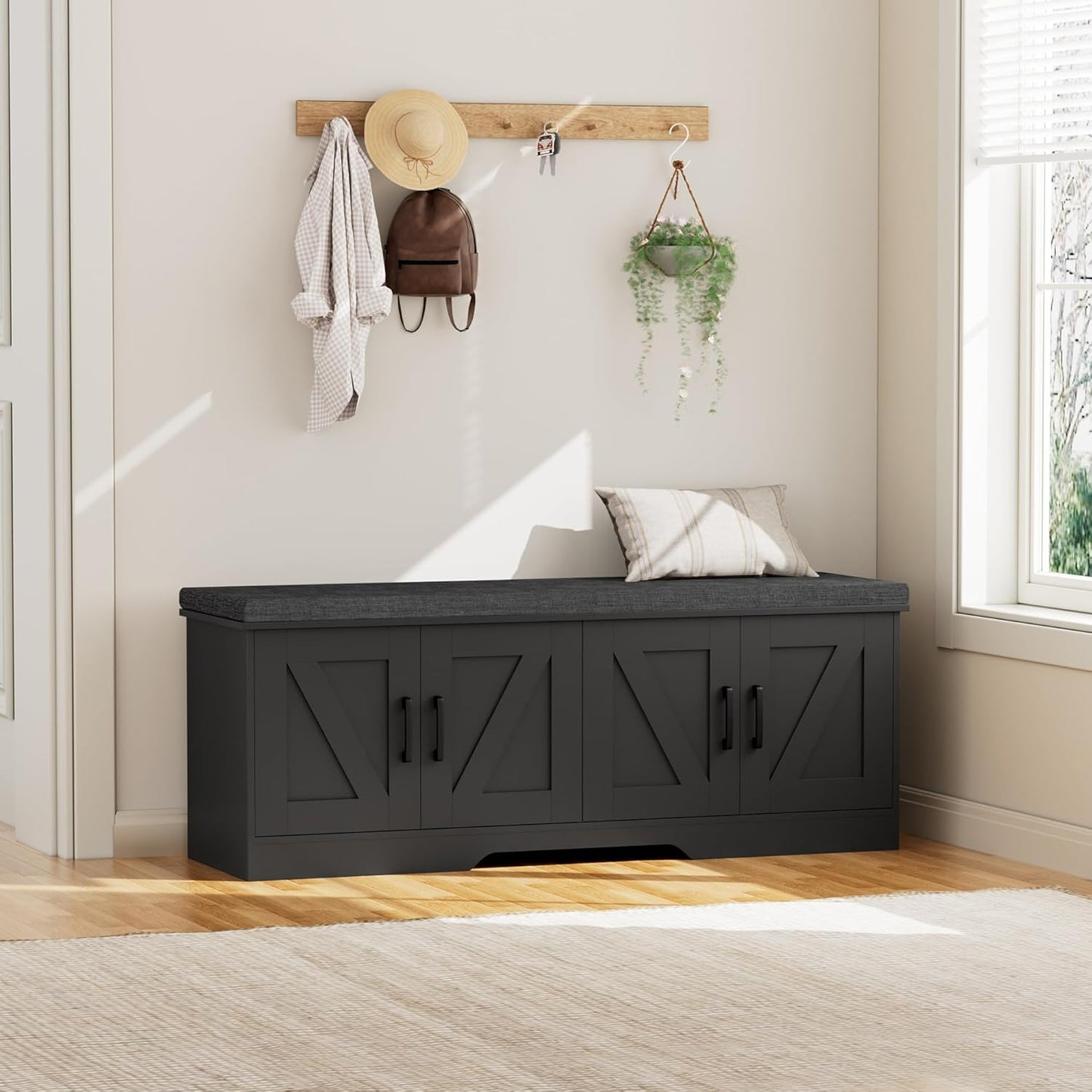 2-Tier Storage Bench, Shoe Bench with Padded Seat Cushion, Entryway Bench with 4 Barn Doors, Adjustable Shelf, 13.8" D x 47.2" W x 17.7" H, for Entryway, Living Room, Bedroom, Black