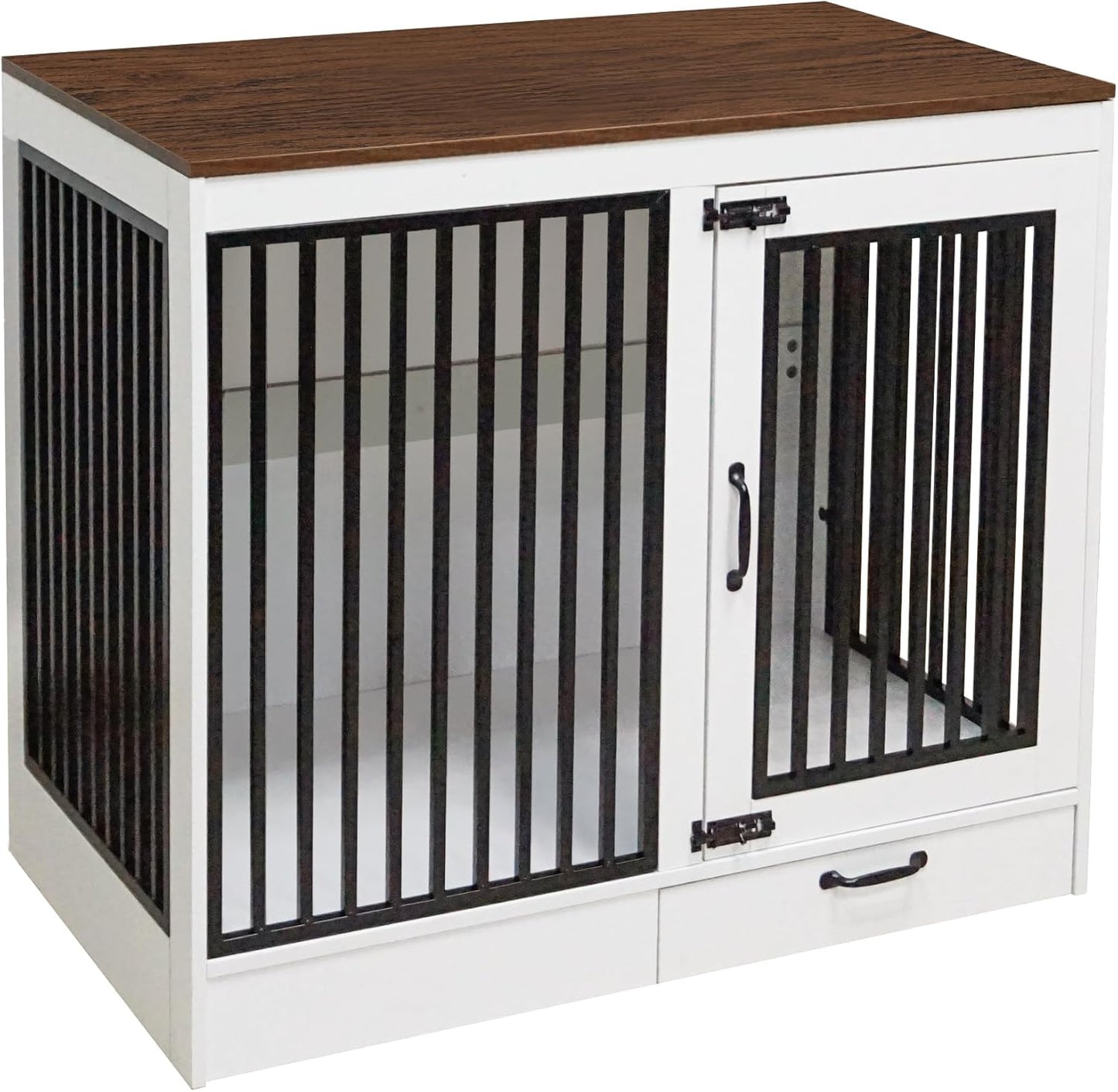 White Heavy Duty Furniture Dog Crate, Wood and Metal Kennel Cage, Pet House End Table with Drawer and Pull-Out Design, Dog Home for Indoor use, Large Size