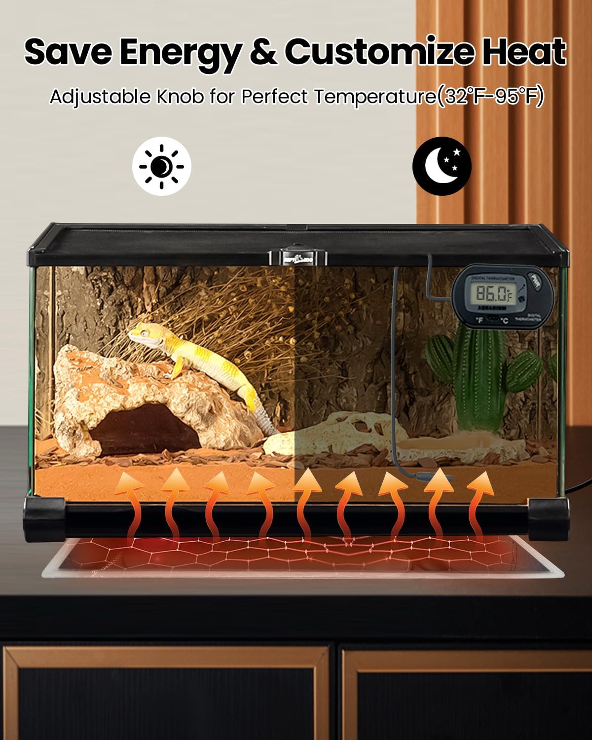 MQ Reptile Terrarium Heat Pad with LCD Digital Aquarium Thermometer, 5.5 x 6in Power Adjustment Under Tank Heater Mat for Pets, Small Animals, Seedling, 5W