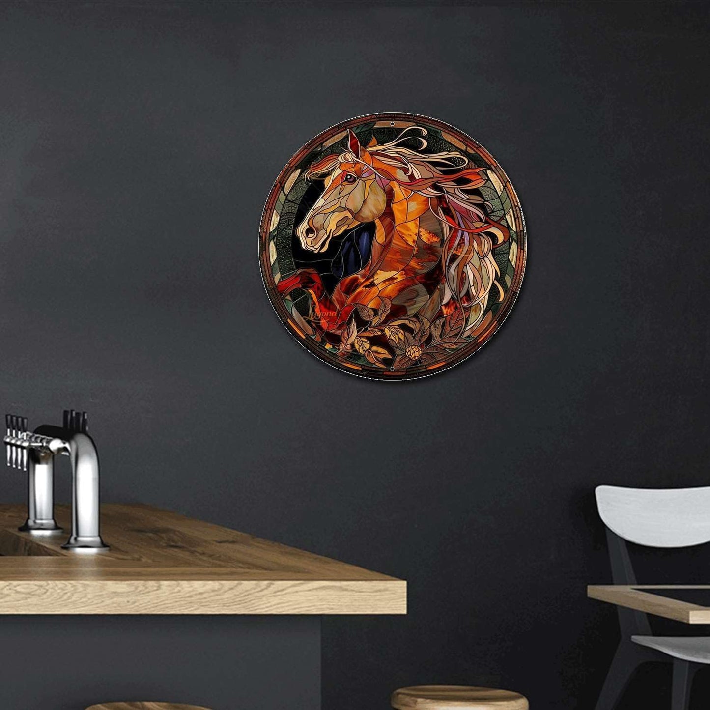 Lygond Metal Sign Tin Sign Circular Stained Glass Horse Metal Signs Vintage for Restaurant 12×12 Inches