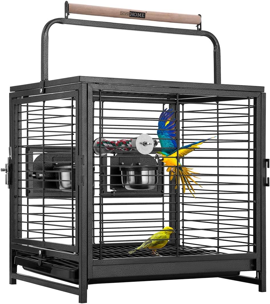 VIVOHOME 19 Inch Wrought Iron Bird Travel Carrier Cage for Parrots Conures Lovebird Cockatiel Parakeets Black