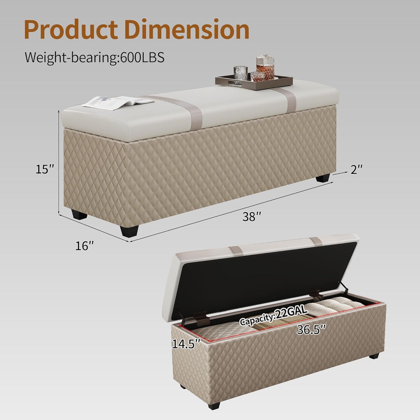 Ottoman with Storage 38 inches, Furniture End of Bed Storage Benches, Long Ottomans Bench with hinged lid, Bench seat Trunk for Foot Rest in Bedroom, Living Room (Multicolor)