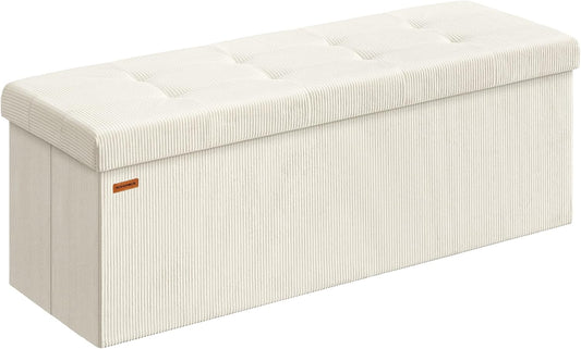 SONGMICS MAZIE Collection - Storage Ottoman Bench, Foldable Foot Rest, 15 x 43 x 15 Inches, End of Bed Bench, Storage Chest, Load 660 lb, Living Room, Bedroom, Entryway, Cream White ULSF604W01
