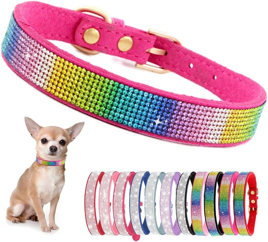 Rhinestone Dog Collar for Small Dogs, Bling Diamond Fancy Crystal Glitter Pretty Jewel Pet Puppy Collars for XXS XS Small Medium Large Breed Girl Dogs Female Cats Kitten, Colorful Hot Pink XXSmall