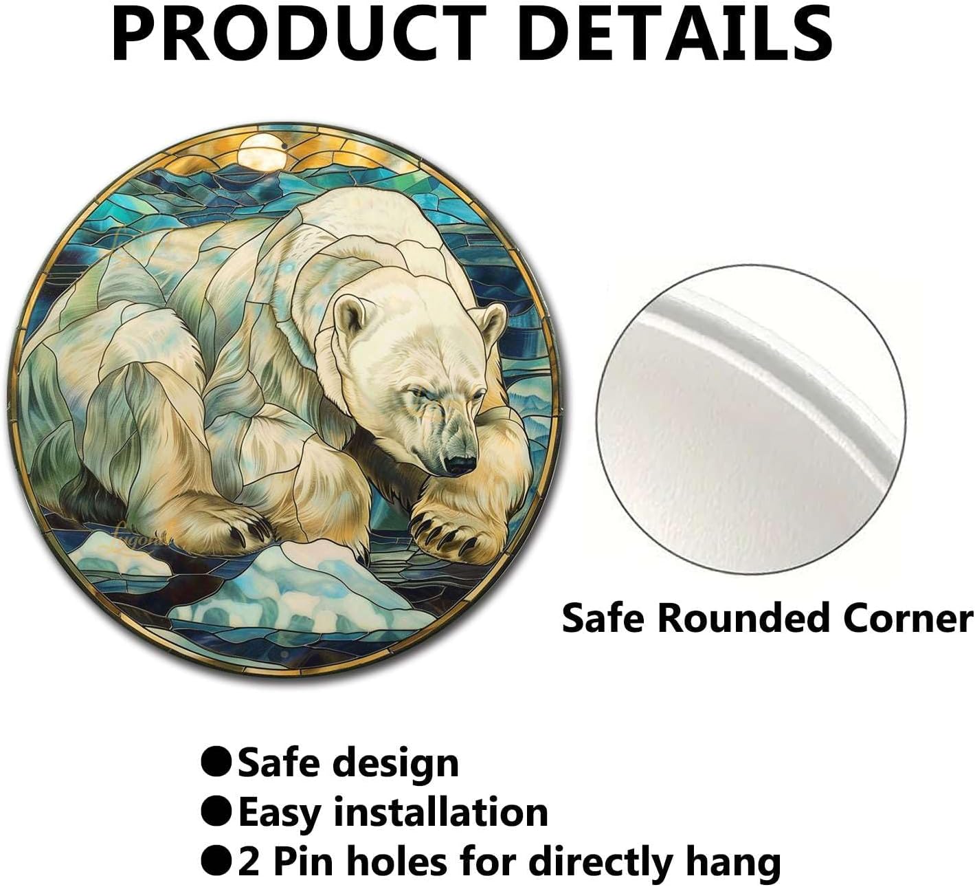 Lygond Metal Sign Tin Sign Circular Stained Glass Polar Bear Garden Tin Sign for Pet 8×8 Inches
