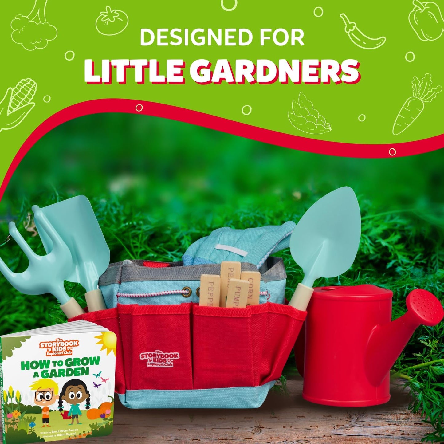Matching Board Book - Red Kids Gardening Tools Set Includes Sturdy Tote Bag, Watering Can, Shovel, Rake, and Trowel - Garden Storybook - Kids Garden Tools- Easter Gifts for Toddler Age on up.