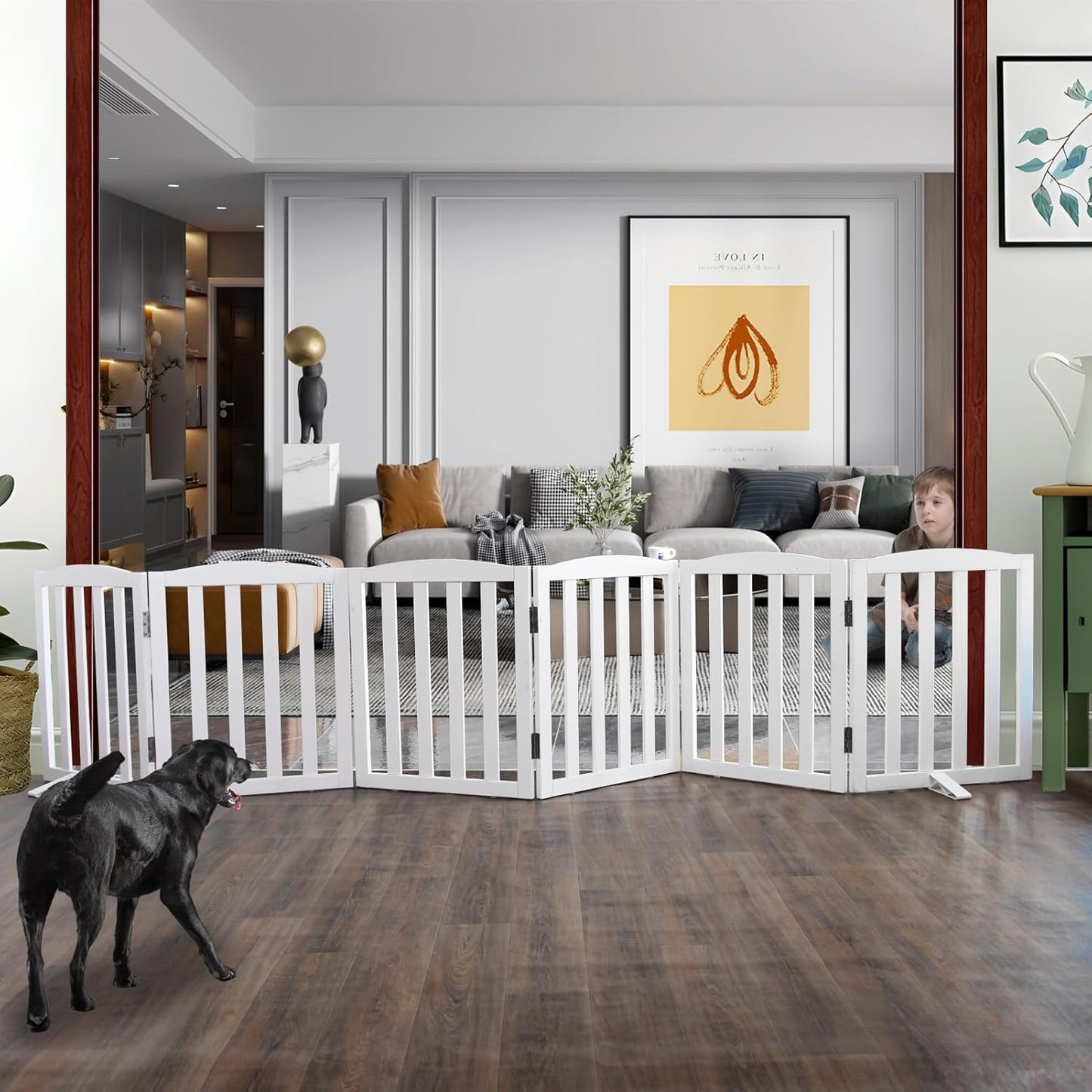 ZJSF Foldable Freestanding Indoor Dog Gate for House Wood White Long Pet Gates Dog Fence for Stairs Puppy Gates for Hallways,Pet Fence, Puppy Gate,Support Feet Included 24 "Height-6 Panels