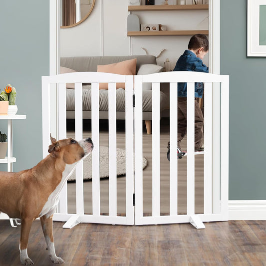 ZJSF Foldable Freestanding Indoor Dog Gate for House Wood White Long Pet Gates Dog Fence for Stairs Puppy Gates for Hallways,Pet Fence, Puppy Gate,Support Feet Included 32 "Height-2 Panels