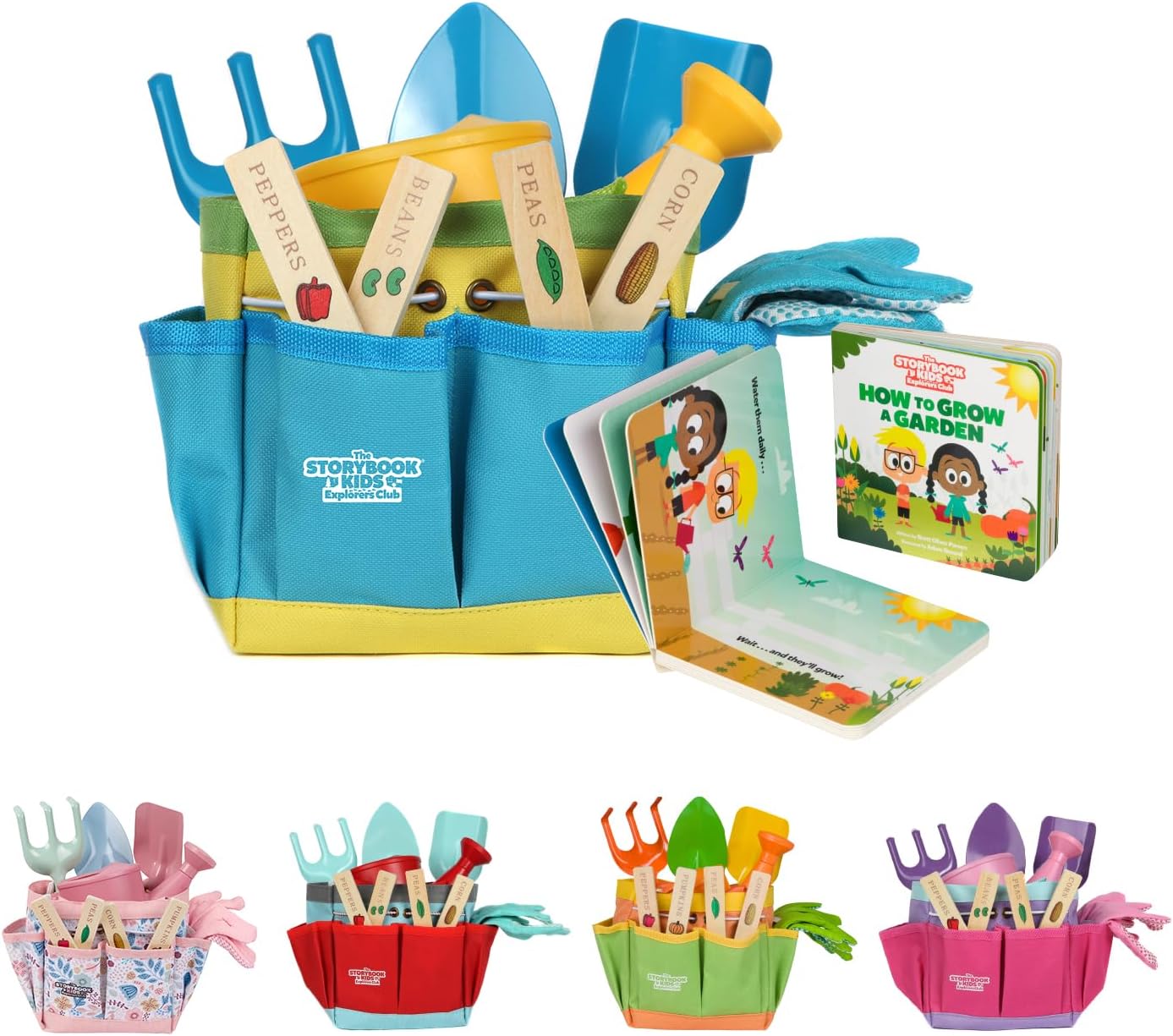 Blue Kids Gardening Tools - Includes Sturdy Tote Bag, Watering Can, Gloves, Shovels, Rake, and Delightful Children's Book - Kids Garden Tool Set -Easter Gifts for Toddler Age on up.