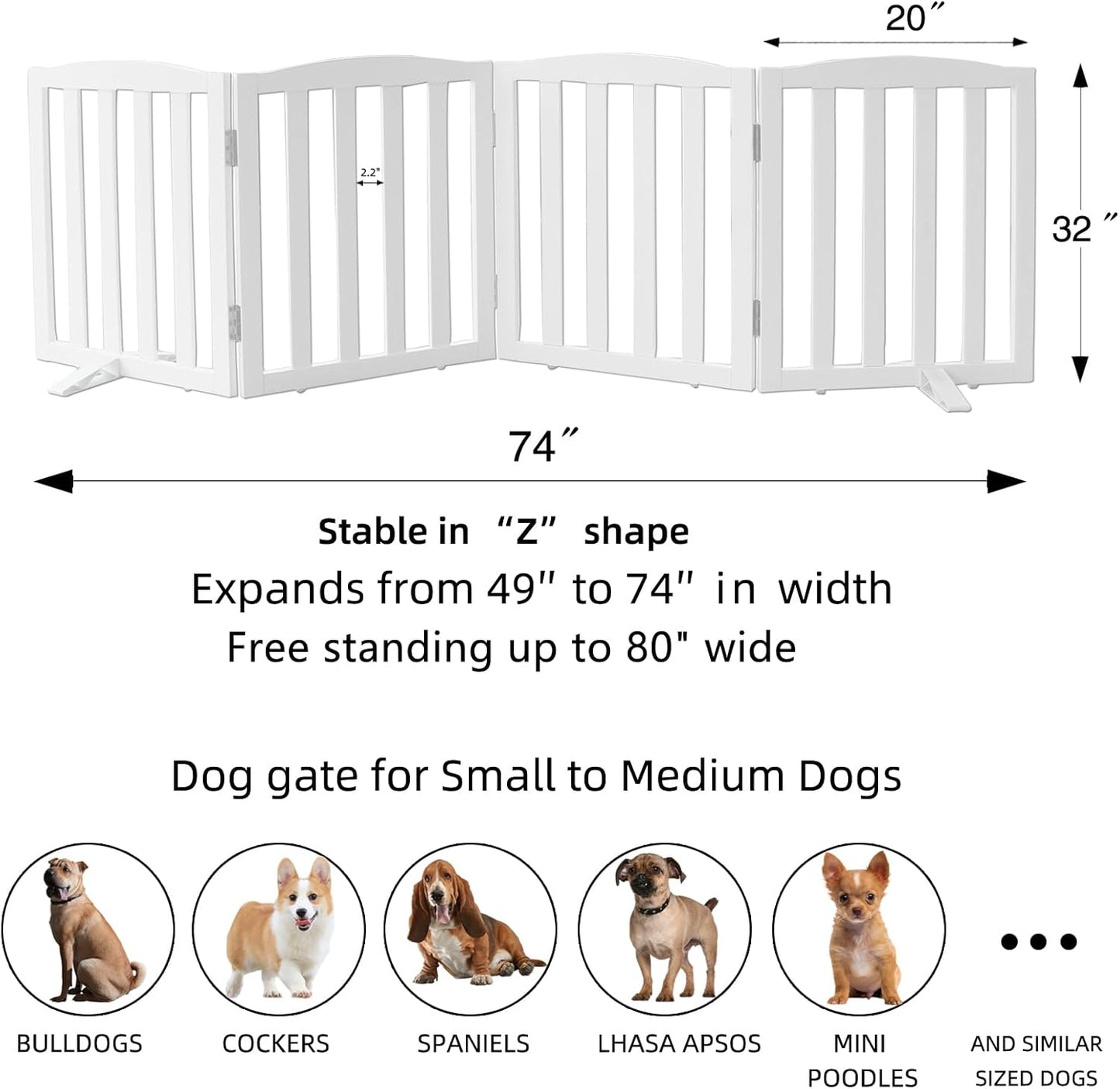 ZJSF Foldable Freestanding Indoor Dog Gate for House Wood White Long Pet Gates Dog Fence for Stairs Puppy Gates for Hallways, Puppy Gate,Support Feet Included 32 "Height-4 Panels