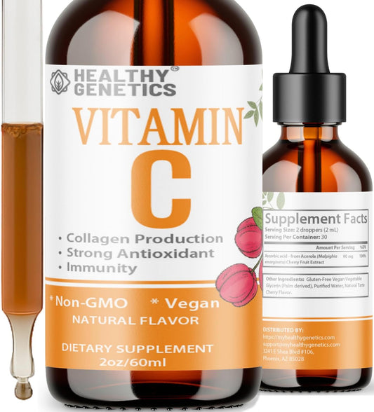 Vitamin C Supplement | Liquid Vitamin C Liquid Drops for Adults & Kids | Acerola Cherry | Immune Support Supplement | Antioxidant | Skin | Vegan | Non-GMO | Gluten Free | 2 Fl