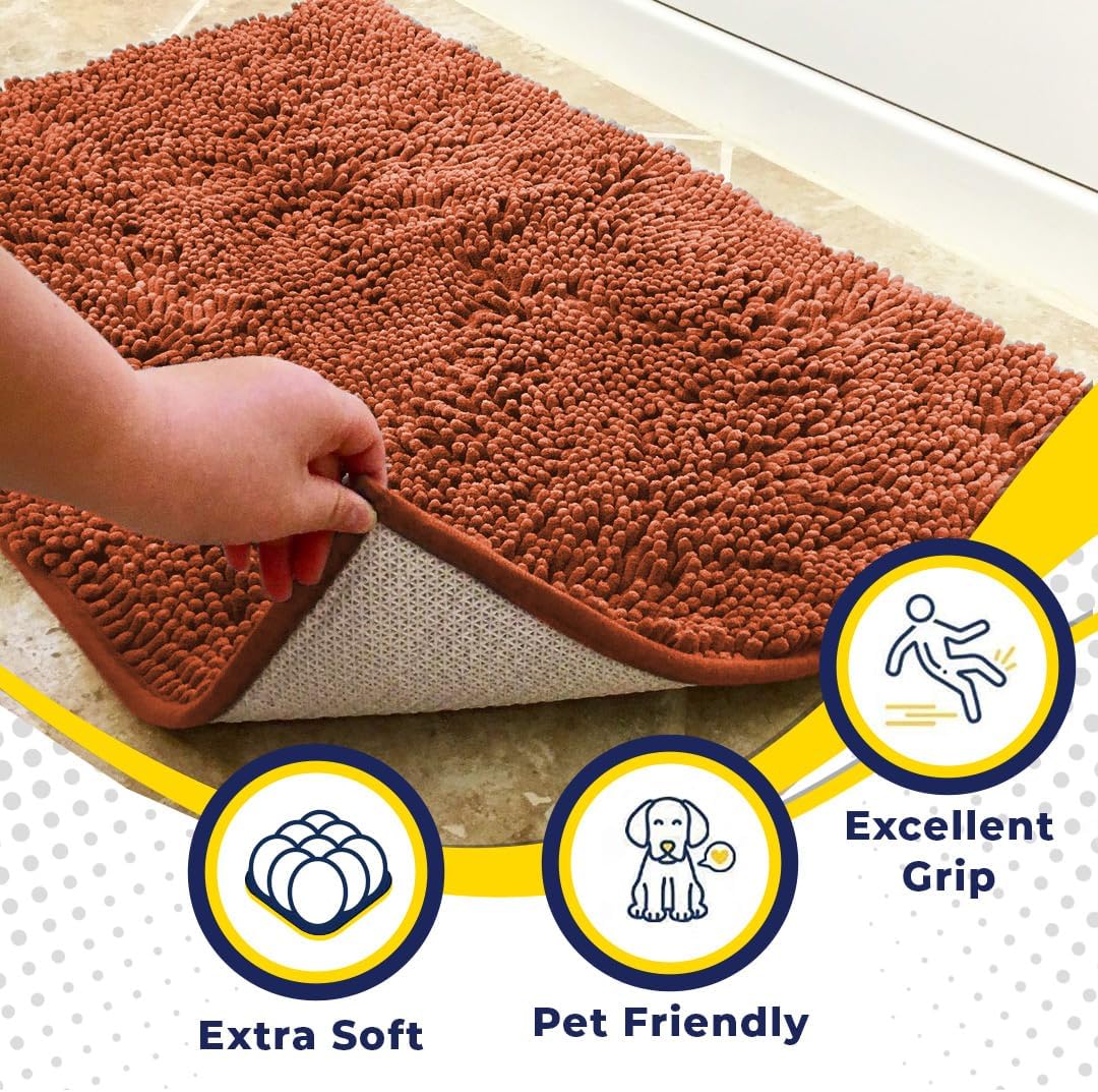 Muddy Mat® AS-SEEN-ON-TV Highly Absorbent Microfiber Dog Door Mat and Pet Rug, Non Slip Thick Washable Area and Bath Mat Soft Chenille for Kitchen Bathroom Bedroom and Indoor - Orange XXL 60"X48"