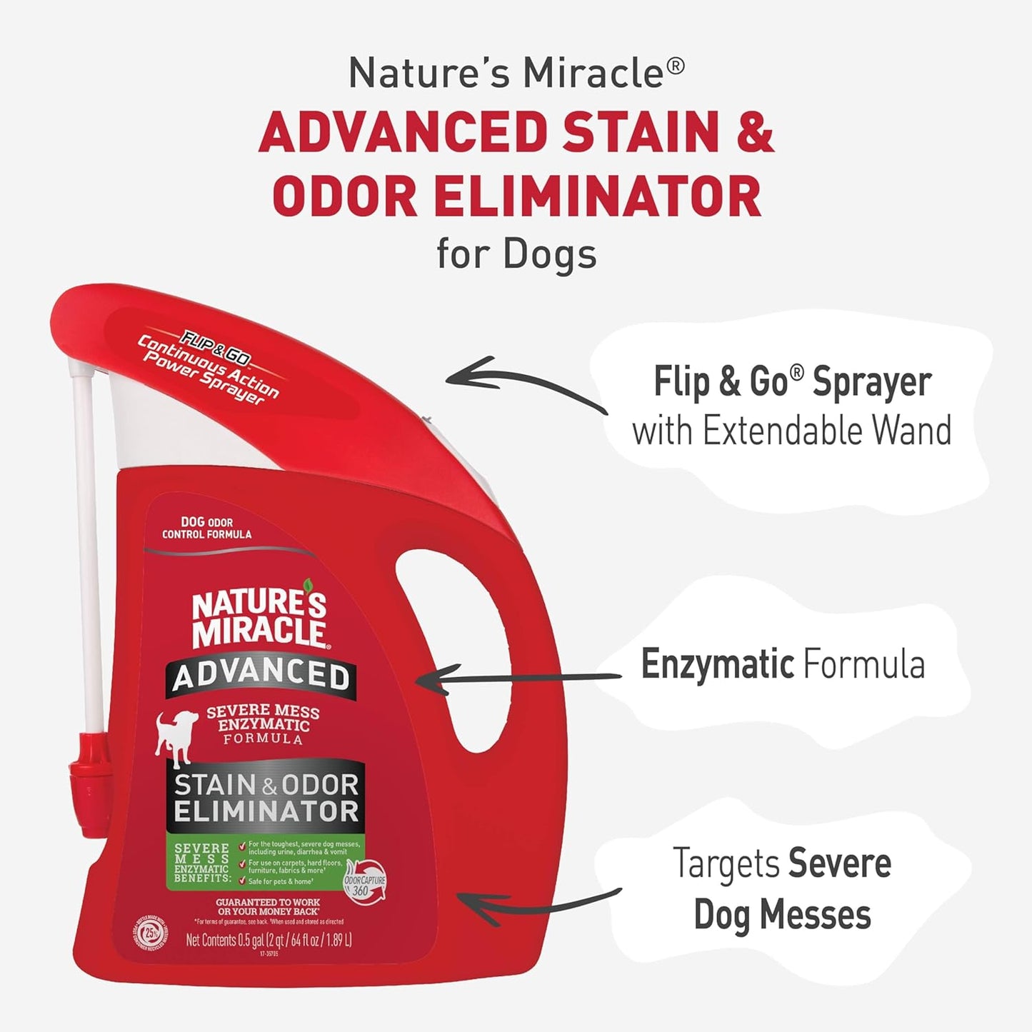 Nature’s Miracle Advanced Stain & Odor Eliminator For Dogs With Flip & Go Sprayer, 64 Ounces, Enzymatic Formula For Severe Dog Messes Including Urine, Feces, Diarrhea And Vomit Stains And Odors