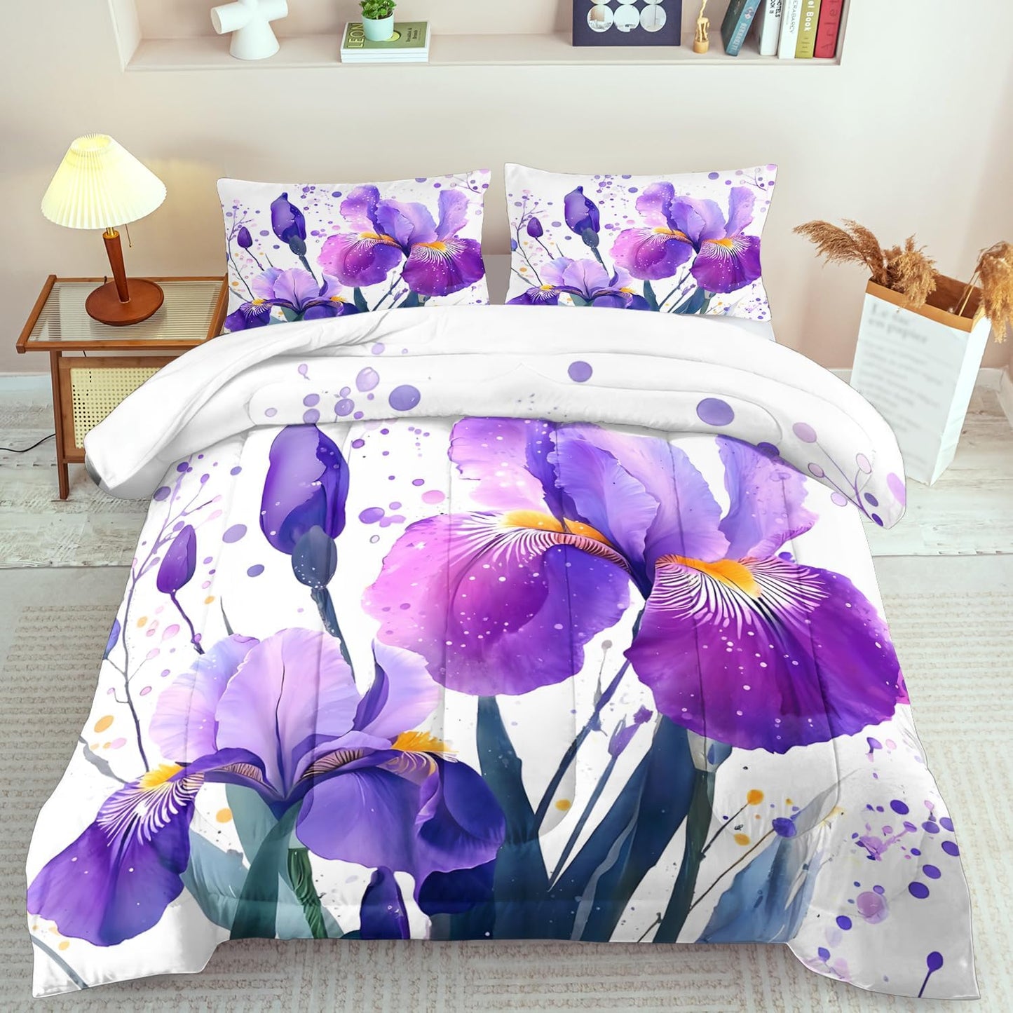 Purple Floral Comforter Set Twin Size Woman,Purple Iris Comforter for Girls,Pink Flower Bedding Set Twin Bedroom Decor,Floral Bedding Quilt Bed Decor Pink for Kids and Adults