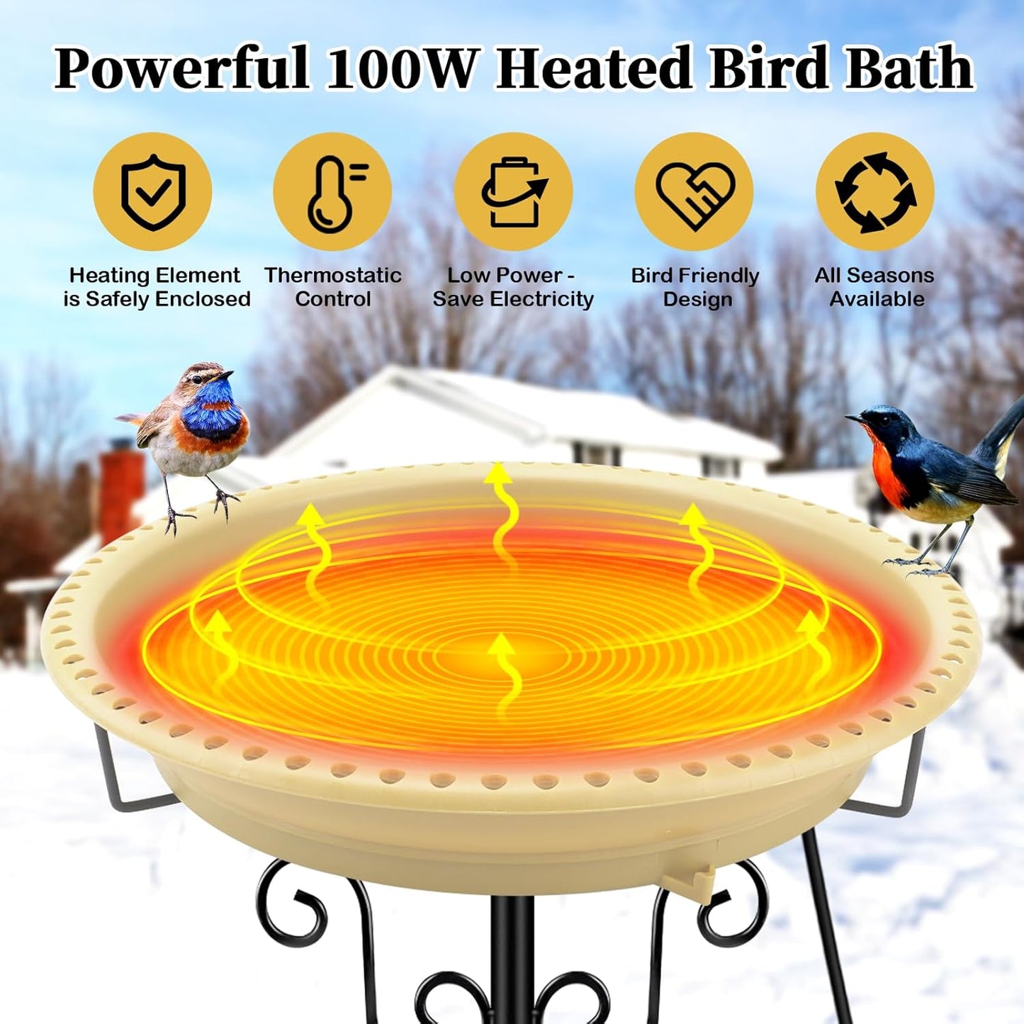 Lovppy Heated Bird Baths for Outdoors for Winter, 100W Heated Birdbath Water Heater with Thermostatically Controlled, Heated Bird Baths Bowl with Metal Stake for Outside Garden Patio Yard (Khaki)