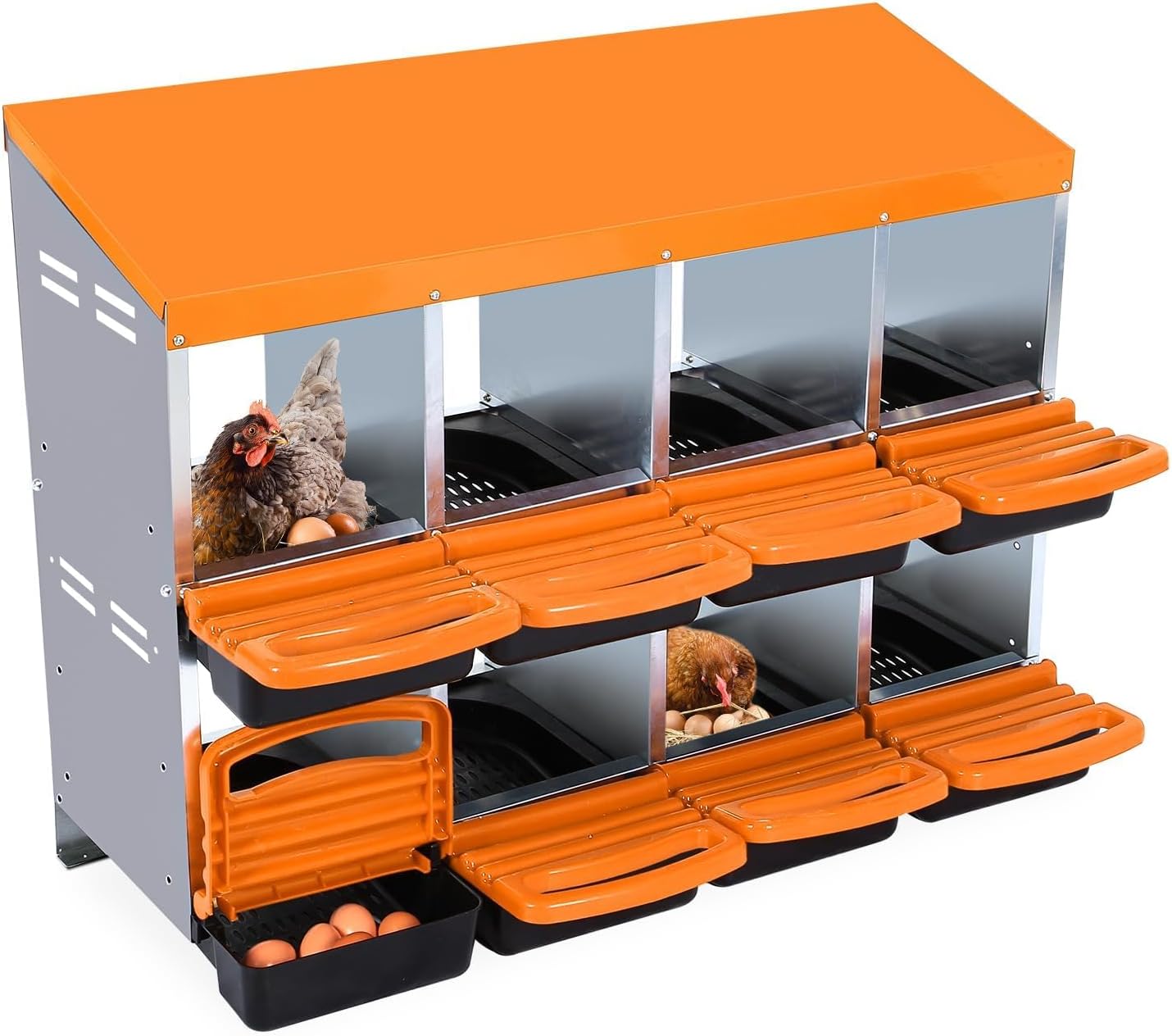 Chicken Nesting Boxes, 8 Hole Metal Chicken Laying Box with with Removable Trays and Roll Out Egg Collection for Chicken Coop, Orange
