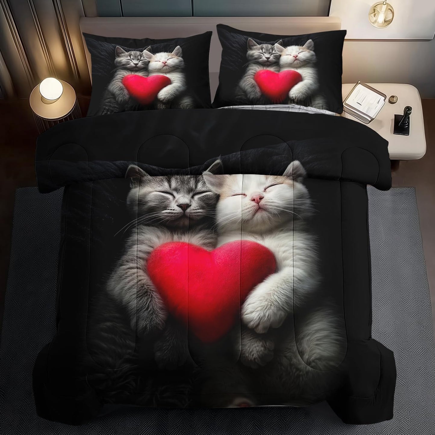 Cute Cat Comforter Set Queen,Kawaii Cat Bedding Set for Girls,Cute Animal Comforter Red Love Heart Bedding Decor,Kawaii Farm Animal Quilt Patterns Kids and Adults