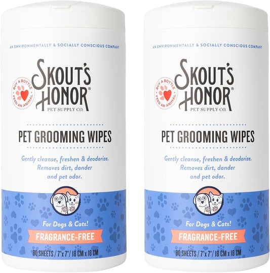SKOUT'S HONOR Pet Grooming Wipes for Dogs and Cats - Deodorizing, Plant-Based, Biodegradable, Fragrance-Free - for Paws, Faces, Skin Folds & Bums, 80 Count, 2-Pack