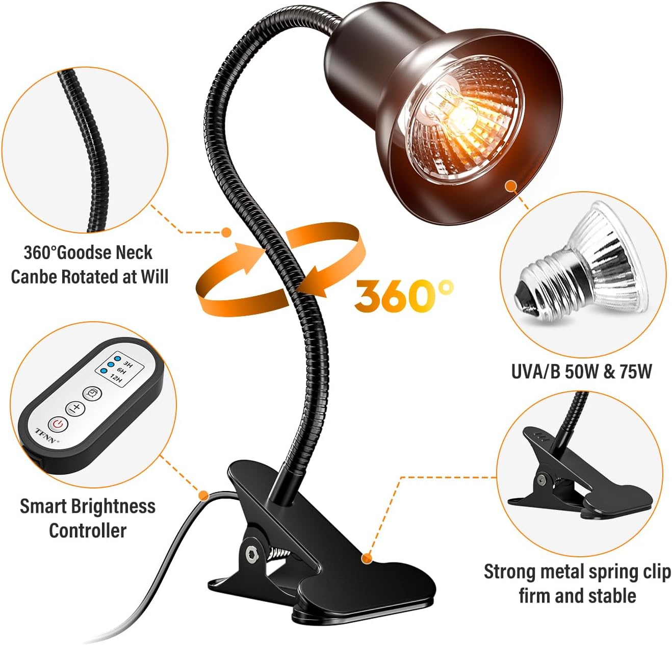 Reptile Heat Lamp, Heat Lamp with Clamp, UVA UVB Reptile Light with Intelligent Cycle Timer for Turtle, Bearded Dragon, Lizard and More, 2 Bulbs 50W+75W