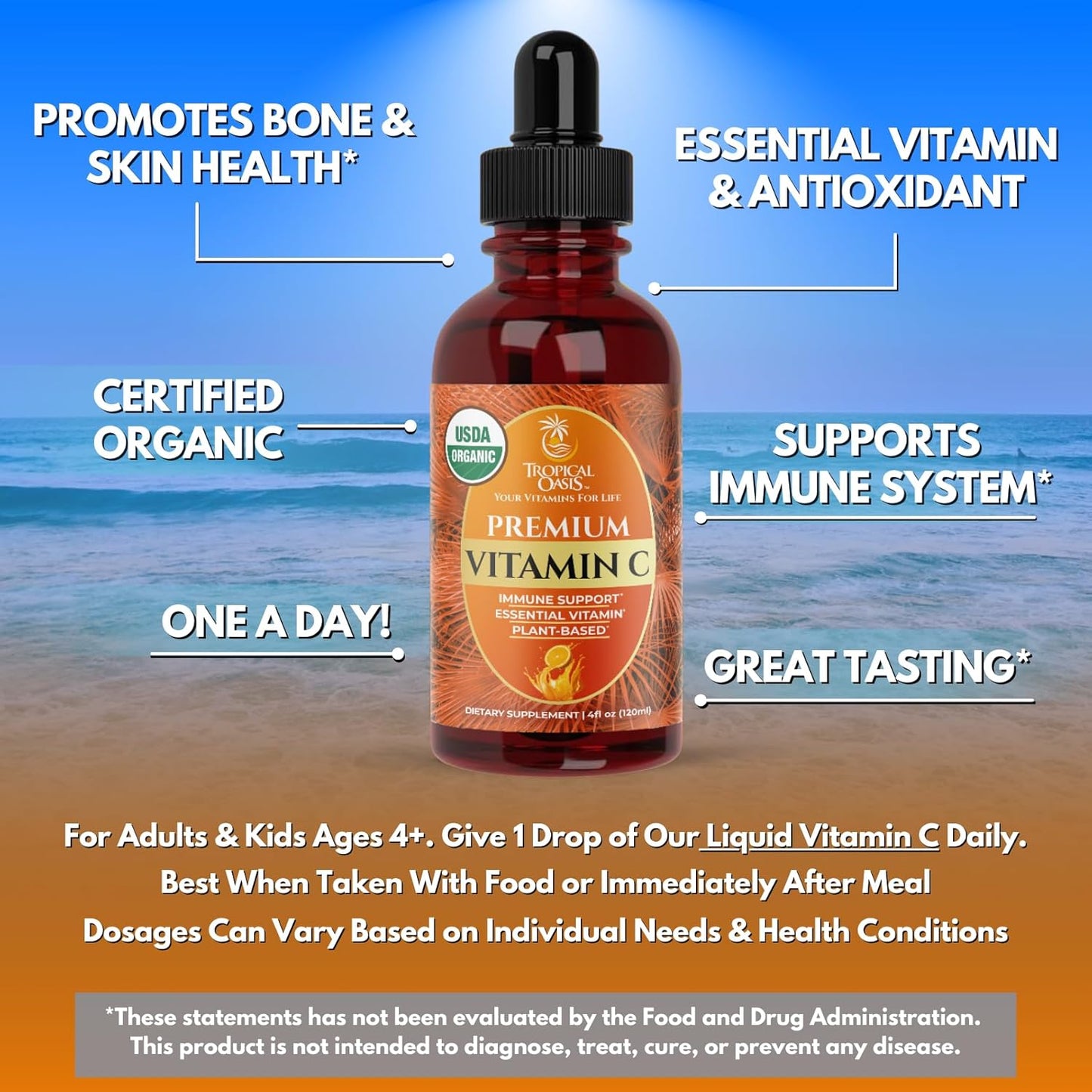 Tropical Oasis USDA Organic Liquid Vitamin C Drops for Adults & Kids | Supports Healthy Immune System | 98% Absorption Rate | Vegan | Non-GMO | Gluten Free | 60 Servings
