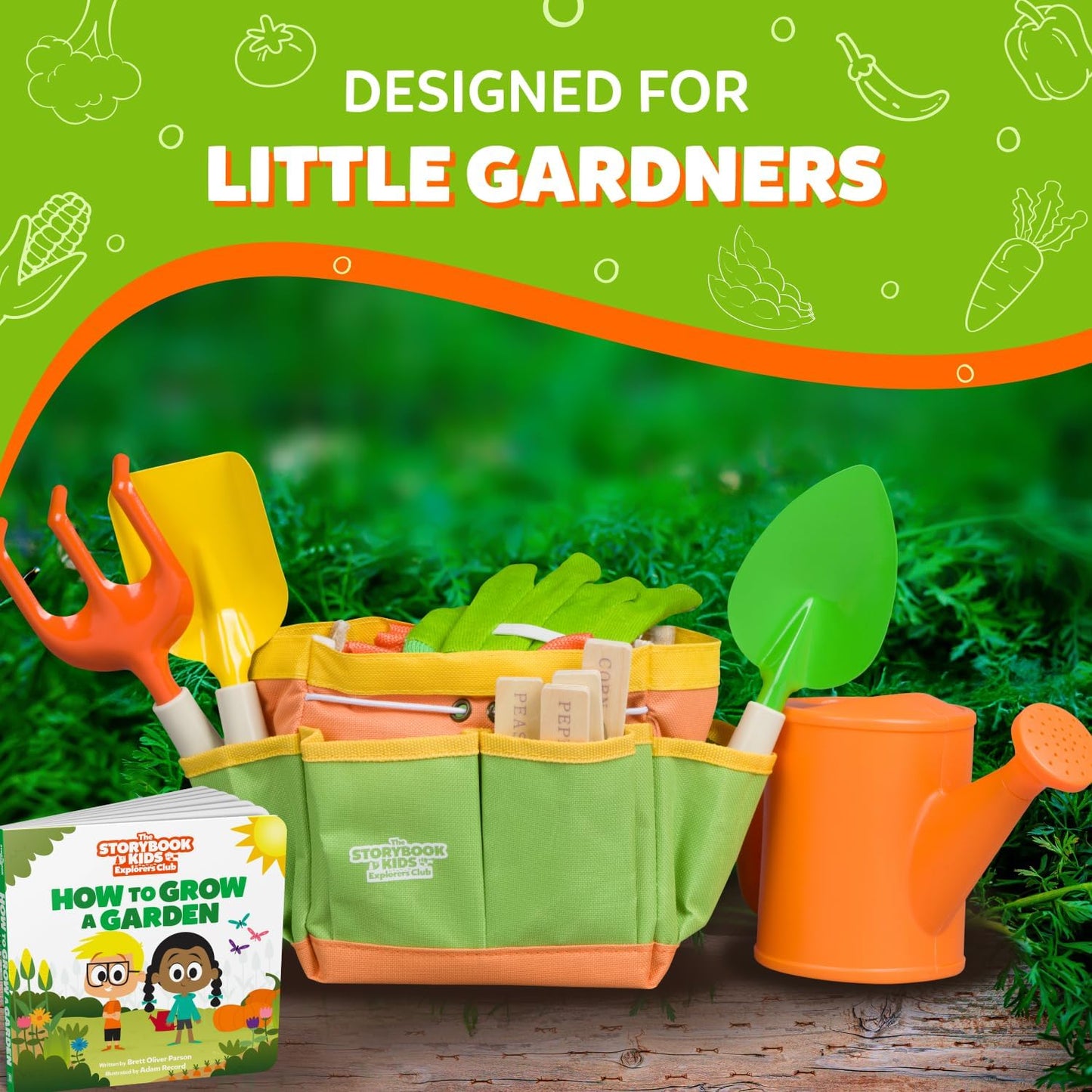 Matching Board Book - Green Kids Gardening Tools Set Includes Sturdy Tote Bag, Watering Can, Shovel, Rake, and Trowel - Garden Storybook - Kids Garden Tools- Easter Gifts for Toddler Age on up.
