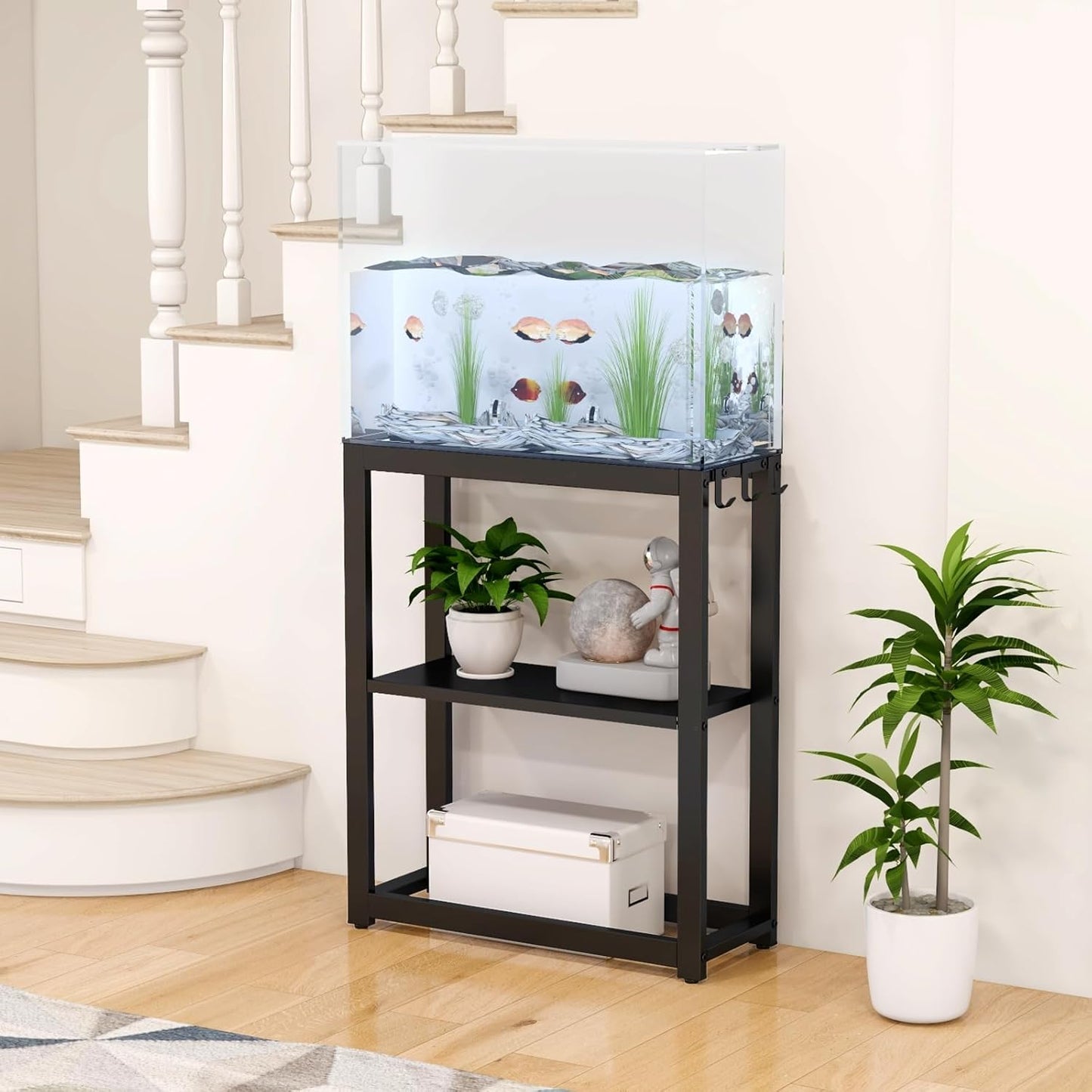 10-20 Gallon Fish Tank Stand with Storage Shelf, Aquarium Stand Measuring 24.8" W x 9.5" D x 30.1" H with Hooks,Heavy Duty Metal Turtle Reptile Tank Stand, Easy Assemble