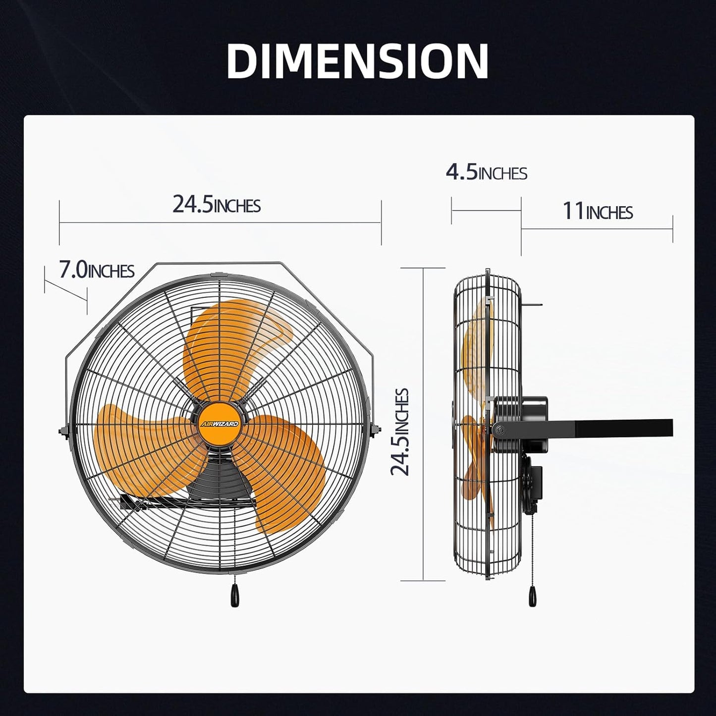 20 Inch Industrial Wall Mount Fan, 4850 CFM High Velocity Metal Wall Fan, 3 Speed, Adjustable Tilt, Commercial Use for Garage, Gym, Covered Patio, Workshop, Greenhouse - UL Listed